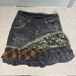 Vintage Y2K Fanibuku Denim Fabric Skirt Midi Emo Alt Goth Patchwork Large